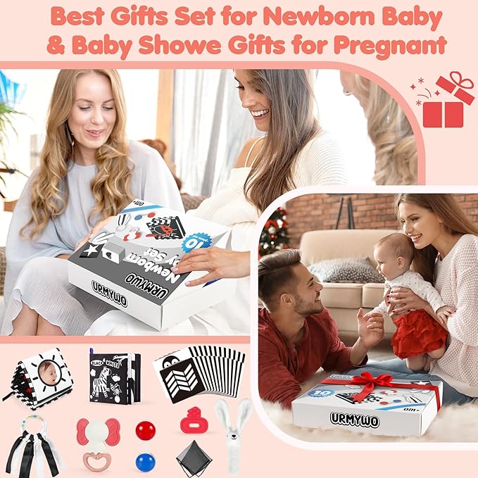 URMYWO 10 Pcs High Contrast Black and White Baby Toys for Newborn, Tummy Time Mirror, Rattle, Teether, Visual Stimulation Learning Cards, Sensory Toys for 0-6 Months, Baby Boy Girl Valentines Gifts