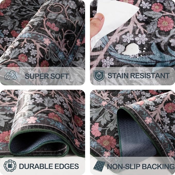 5x7 Washable Area Rugs for Living Room, Stain Resistant Vintage Rugs for Dining Room Under Kitchen Table, Bedroom, Floral Low Pile Non-Slip Large Carpet (5 x 7 Dark Green)
