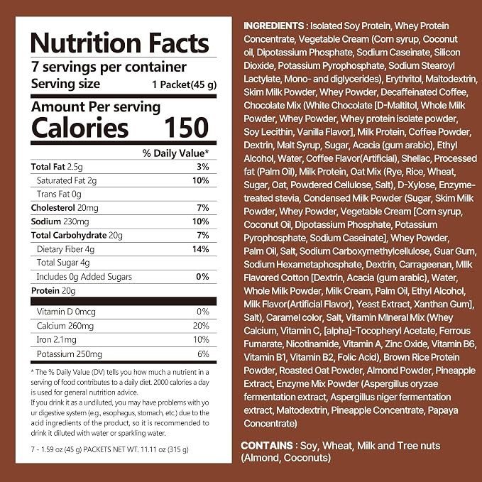 Flimeal Decaf Coffee Protein Shake, Dolce Latte Flavor with Crunchy Protein Balls, 20g Protein, Low Sugar, Keto-Friendly Meal Replacement Shake, 7 Servings (7 Packs x 1.59 oz)