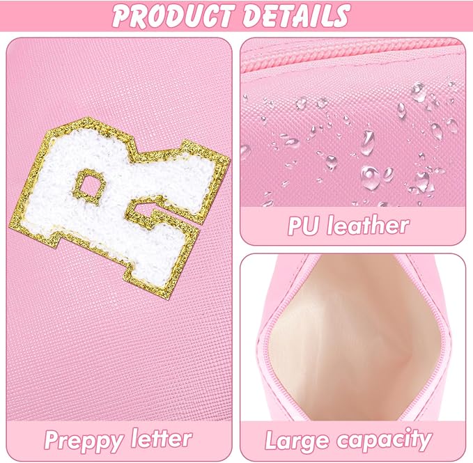 URSKYTOUS Initial Makeup Bag for Women Travel Small Cosmetic Bag Personalized Preppy Chenille Letter Waterproof Pink Makeup Pouch for Purse Monogram Toiletry Bag with Zipper PU Leather Makeup Case（R）
