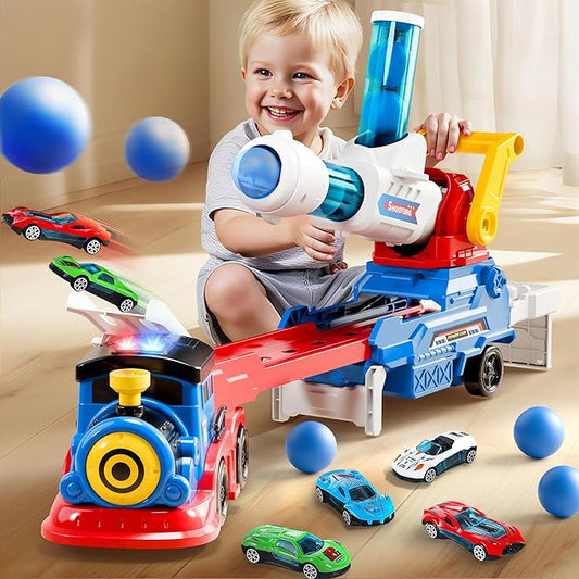iPlay, iLearn Kids Launching Truck Toys for Boys Ages 3-5, Toddler Track Toy, 4 Mini Diecast Race Cars, Balls Shooting Game, Large Light Sound Carrier Train, Birthday Gifts for 4-6 7 8 9 Yrs Old Child