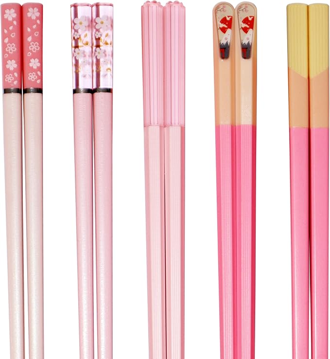 5 Pairs Pink Fiberglass Chopsticks Japanese Korean Chopstick Reusable Non-Slip Dishwasher Safe, 9.6 Inches Long, 5 Patterns