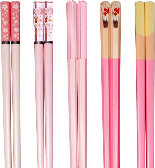 5 Pairs Pink Fiberglass Chopsticks Japanese Korean Chopstick Reusable Non-Slip Dishwasher Safe, 9.6 Inches Long, 5 Patterns