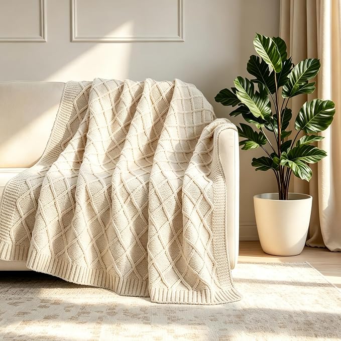 CREVENT Farmhouse Boho Knitted Throw Blanket for Couch Sofa Chair Bed Home Decoration, Soft Warm Cozy Light Weight for Spring Summer Fall (50''X60'' Chenille Ivory)