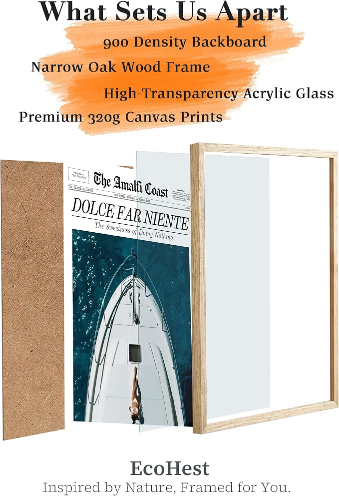 EcoHest Small 8x10 in Dolce Far Niente Newspaper Framed Wall Art | Natural Oak Wood Frame, Canvas Wall Art, Italian Summer Newspaper Decor for Living Room, Bedroom, Apartment, Dorm Room, 1Pack