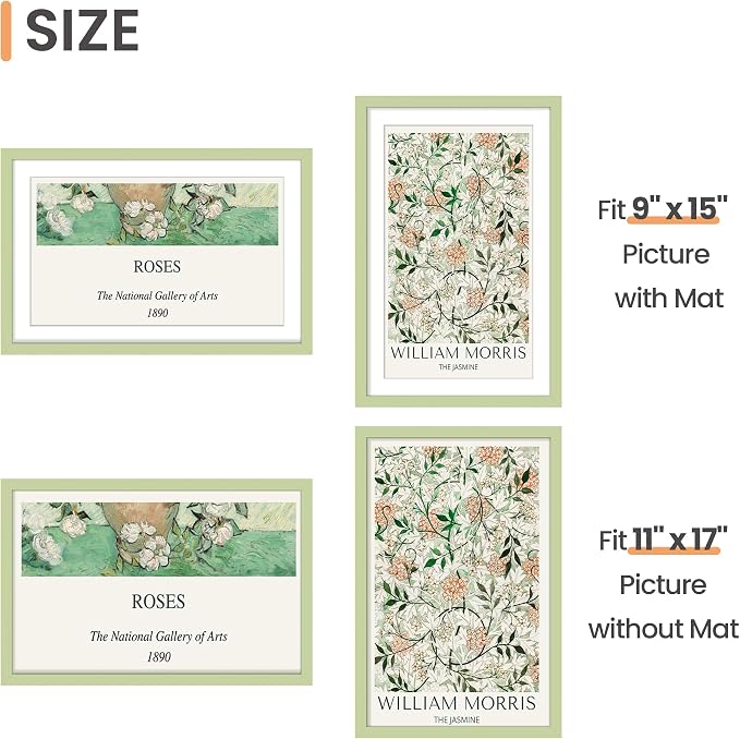 upsimples 11x17 Picture Frame, Display Pictures 9x15 with Mat or 11 x 17 Without, Wall Hanging Poster Frames, Green, 1 Pack