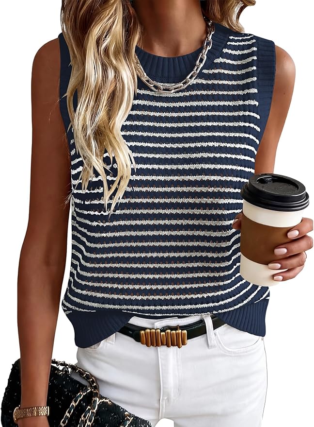 ANRABESS Womens Sleeveless Sweater Vest Striped Tank Tops | Crochet Knit Crew Neck, Lightweight Soft Comfy, Vacation Travel Work Casual Outfits, Sping Summer Layering Clothes