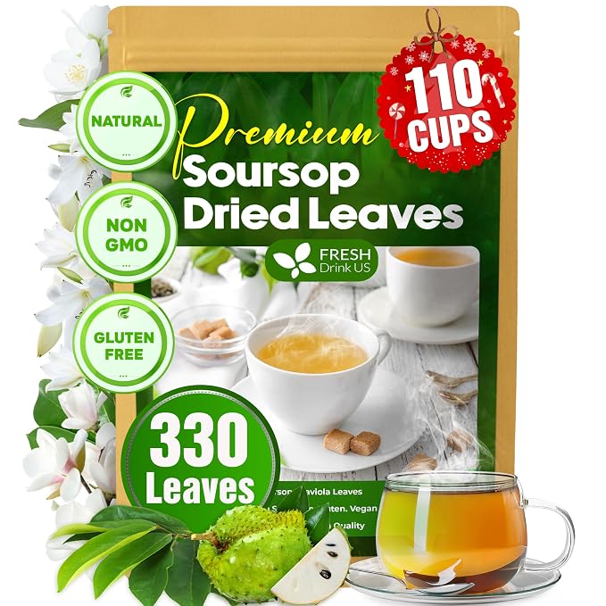 FreshDrinkUS, 330-350 Premium Soursop Dried Leaves Tea, 115 Cups, Hojas De Guanabana Whole Leaves, Wildcrafted, Graviola, Soursop, Guanabana Tea, Loose Leaf Herbal Tea, Gluten/Sugar/Caffeine Free