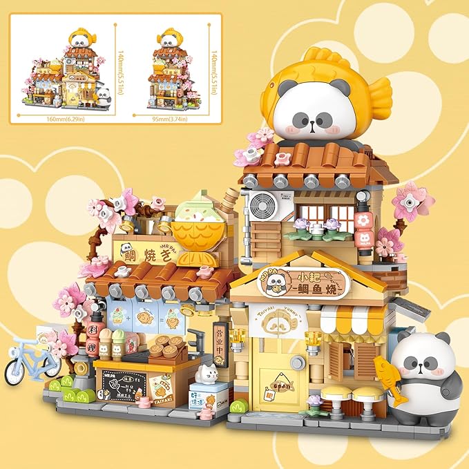 Cute Panda Mini Building Blocks Set, 858PCS MOC Mini Architecture Building Kits with Taiyaki Shop Street View Design - STEM Educational Construction Gift for Girls Boys Kids Adults