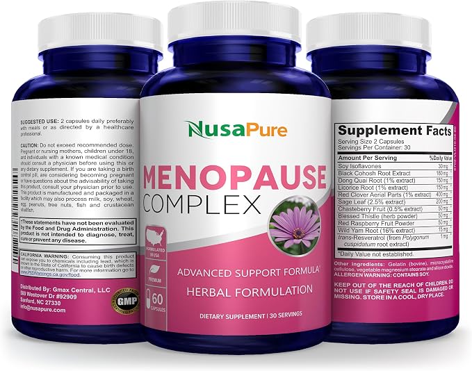 Menopause Complex 60 Capsules with Black Cohos Root Extract -30 Servings | Herbal Formula with Soy Isoflavones, Dong Quai, Licorice, Vitex Berry, Manufactured in the USA in a GMP registered facility