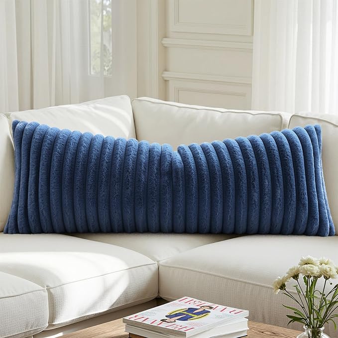decorUhome Fall Faux Fur Throw Pillow Covers 14x36 Pack of 1 Navy Blue | Decorative Soft Cozy Striped Plush Modern Farmhouse Boho Couch Pillow Cases Velvet Back for Sofa Bed Living Room Home Decor