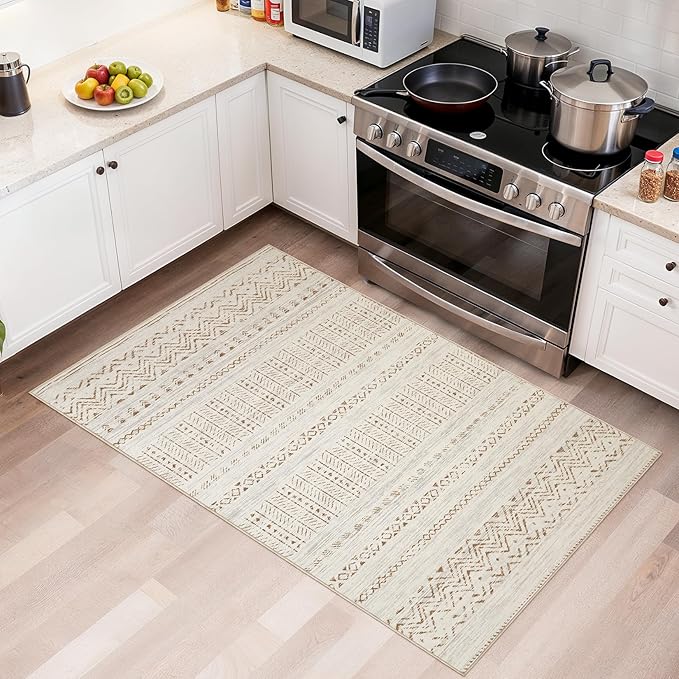 cotiled 3x5 Area Rugs Living Room Rug: Washable Boho Rugs with Non Slip Backing Small Soft Indoor Stain Resistant Carpet for Bedroom Farmhouse Dining Room Lightweight Home Decor Brown/Cream