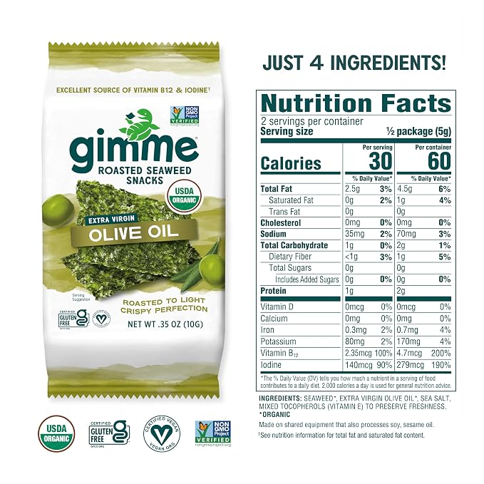 Gimme 12 CT Sharing Size Extra Virgin Olive Oil Seaweed Snacks, 10g, 0.35oz