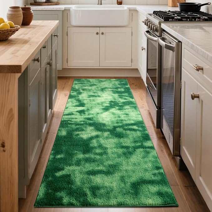 FinRèc 2x8 Washable Runner Rugs for Kitchen Hallway Bedroom, Low Pile Thin Ultra Soft Shag Rug, Non-Slip Carpet Indoor for Home Decor (Tie-dye Green)