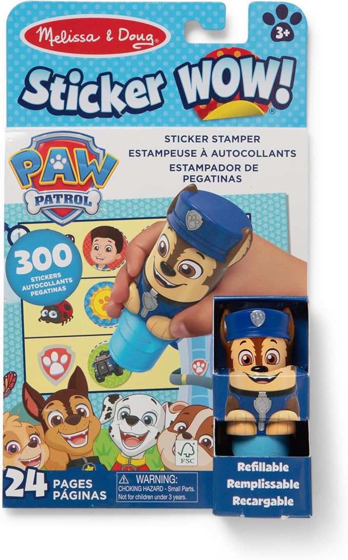 Melissa & Doug Sticker Wow!™ 24-Page Activity Pad and Sticker Stamper, 300 Stickers, Arts and Crafts Fidget Toy Collectible Character – PAW Patrol Chase - FSC Certified