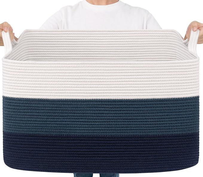 Goodpick 85L Large Blanket Basket 23.6" x 15.7" x 13.8" Cotton Rope Storage Baskets for Organizing, Rectangle Woven Baskets for Storage, Baby Toy Basket for Nursery Bedroom, Blue