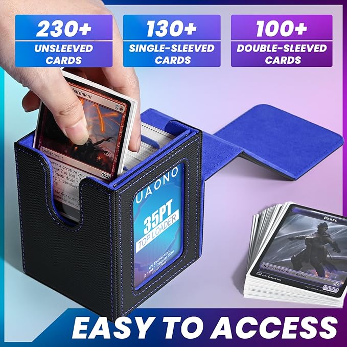 UAONO Card Deck Box with MTG Commander Display, Deck Case Holds 100+ Double-Sleeved Cards, Trading Card Storage Box Fits TCG/PTCG/Sports Card with 2 Dividers, 1 Top Loaders (Black, Blue)