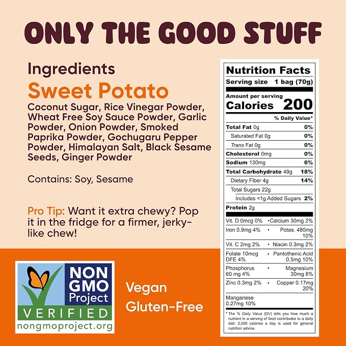 Yammy Chewy Dried Sweet Potato Sticks (Korean BBQ 18-Pack) - Healthy Asian Snack for Adults & Kids (Japanese & Chinese Super Food) - Vegan, Gluten-Free, 12 Vitamins & Minerals, 4g Fiber, 2.5oz