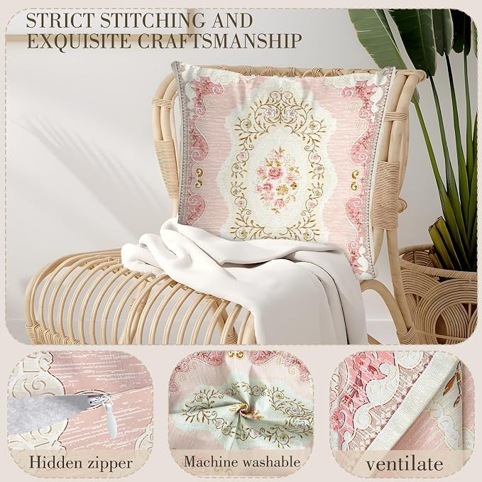 Boho Floral Throw Pillow Covers 18x18 inch Set of 2,Pink Boho Rug Geometric Floral Pattern Decor Double Sided Pattern Cushion Cover Soft Pillow Case Living Sofa Room Bed Square Pillow Cover