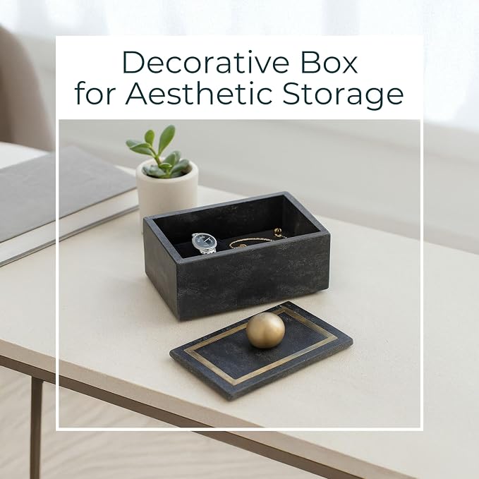 Decorative Rectangular Box with Knob – Marble & Metal Modern Decorative Box for Home Decor – Jewelry, Keepsakes, Accent Table Storage for Living Room, Bedroom, Office – 5", Black