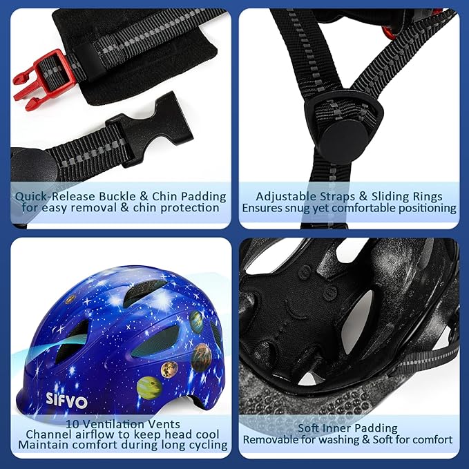Kids Bike Helmet with LED Light, SIFVO Youth Toddler Boys Girls Helmets,2 Size Adjustable for Ages 3-5-10,Multi-Sport for Bicycle, Scooter, Skateboard,46-55cm