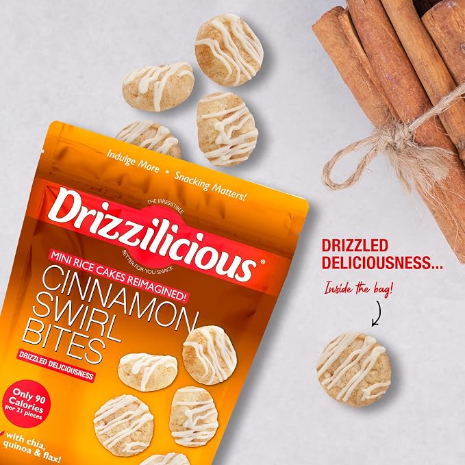 Drizzilicious Mini Flavored Rice Cakes Cinnamon Swirl - Rice Crisps, Healthy Snack for Adults and Kids, Vegan, Gluten Free Snack, Allergen Free, Only 90 Calories Per 21 Pieces - 4 oz (Pack of 1)