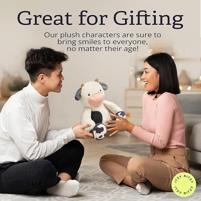 Itzy Ritzy Snuggles Plush Toy – Soft Stuffed Animal for Babies, Kids & Adults – Sensory Ribbons & Textured Fabrics for Tactile Play – Cozy & Cuddly Companion for Newborns & Up (Cow)