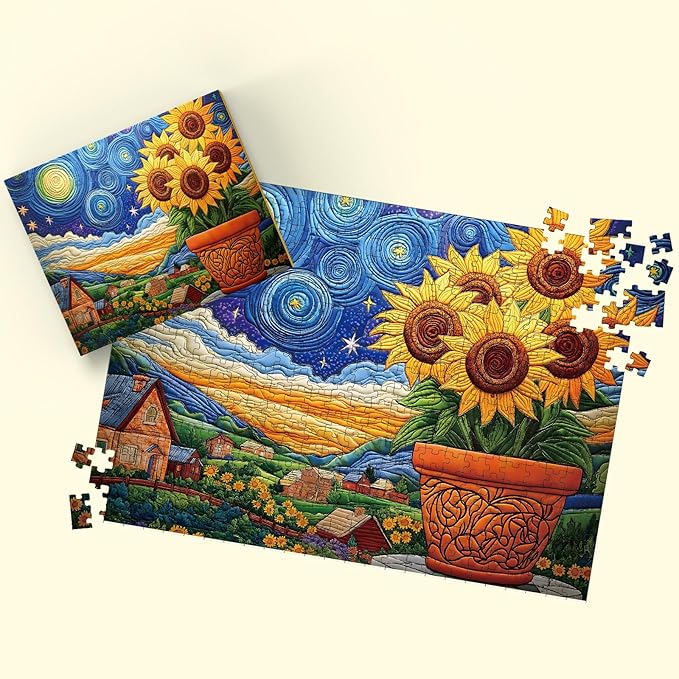 Puzzles for Adults 500 Pieces, Sunflower Puzzle Jigsaw Puzzles 500 Pieces - Starry Sunflower, Impossible Starry Night Puzzle, Finished Size 20.47 * 14.96”, with 1:1 Poster, Letter on The Back