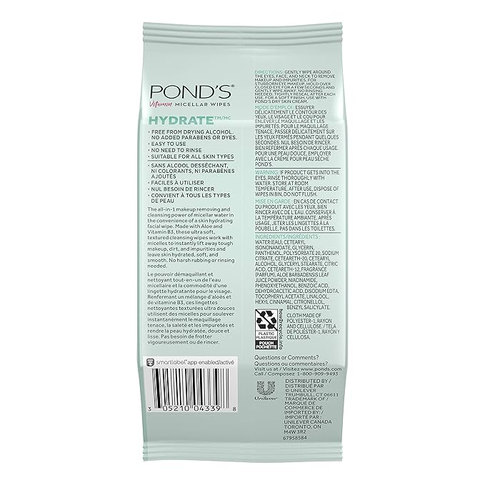 Pond's Vitamin Micellar Wipes For Dry Skin Hydrate Aloe Vera Removes Waterproof Makeup 25 Wipes (Pack of 2)