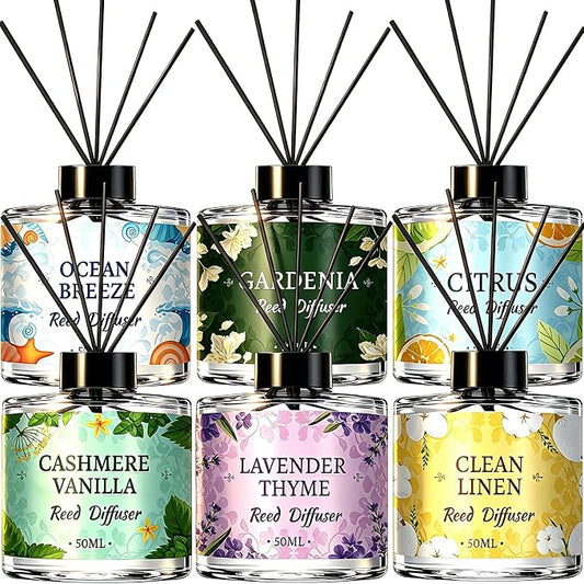 6 Pack Reed Diffuser Sets, Essential Oil Reed Diffusers for Home with 30 Sticks, Long Lasting Scent, Gift Ready Fragrance Diffuser for Bedroom, Bathroom, Office, Home Decor (1.69oz Each)