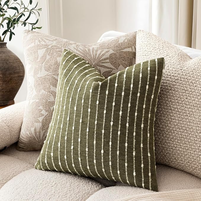 Foindtower Pack of 2 Decorative Jacquard Boucle Throw Pillow Covers Accent Textured Striped Pillowcases Soft Boho Modern Cushion for Couch Sofa Bedroom Living Room Home Decor 22x22 Inch Olive Green