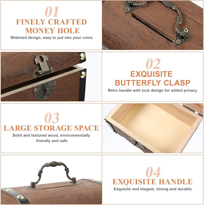 Toyvian Vintage Wooden Pirate Treasure Chest, Antique Jewelry Keepsake Organizer Box with Lock Decorative Storage Trunk for Necklaces Earrings Rings Trinkets Unique Gift for Women Men