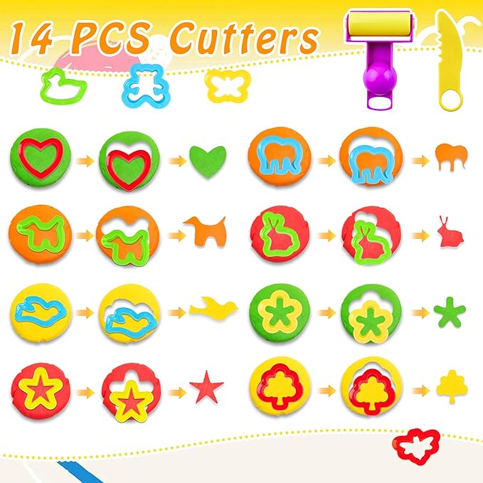 iShyan Dough Tools Play Set for Kids,30 pcs Basic Dough Play Toys with Animal Cutters, Roller, Rolling Pins, Safety Scissors, Plastic Knife,Character Accessories