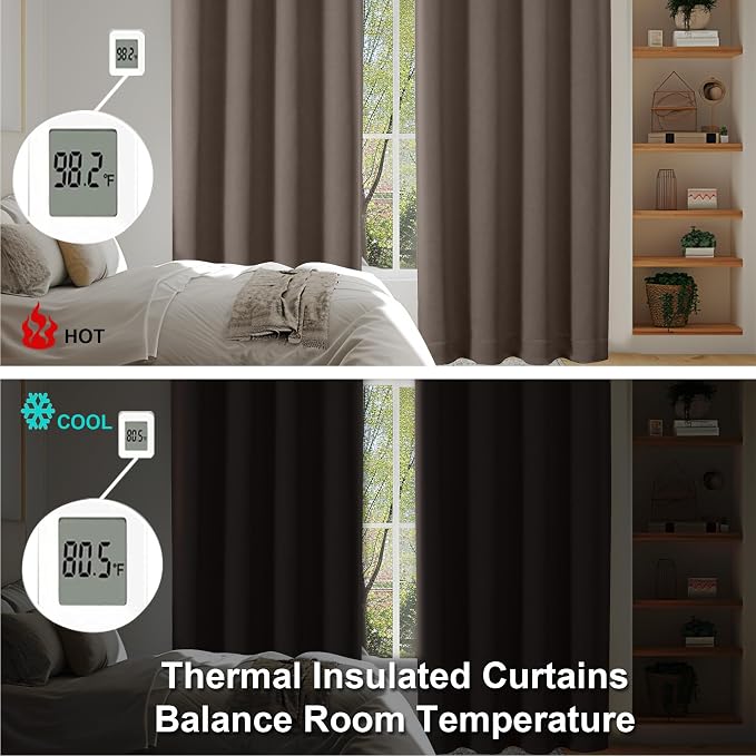 Simplebrand Ava Brown Blackout Curtains for Bedroom 63 Inch Length 2 Panels Set, Solid Thermal Insulated Energy Saving Rod Pocket Window Treatment Curtains Blackout Drapes, W40 x L63 Inch, Brown