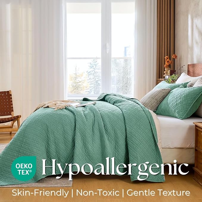 Queen Quilt Set with Shams Lightweight Quilted Bedspread Coverlet Thin Comforter Bed Cover Vintage Washed Quilted Blanket for All Season, Brushed Microfiber Diamond Stitching, Green, 88"x92"