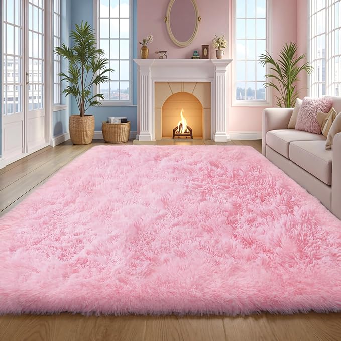 KICHOWUA Pink Fluffy 9x12 Area Rug Bedroom Living Room Soft Washable Shag | Pink Fuzzy Furry Plush Rug for Girls Kids Room Nursery Dorm Decor, Baby Toddler, Soft Washable Shag Carpet