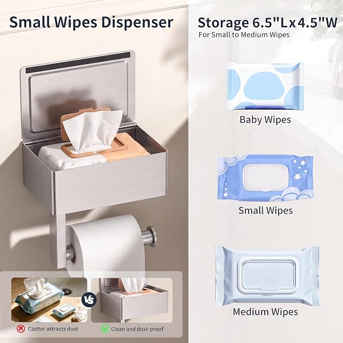FORIOUS Toilet Paper Holder with Shelf, Sanitary Napkin Receptacle Tampon Holder, Wall Mount Toilet Paper Holder with Storage, Flushable Wipes Dispenser Fits for Bathroom Commercial, 6.5" L | Brushed Nickel 1 Pack