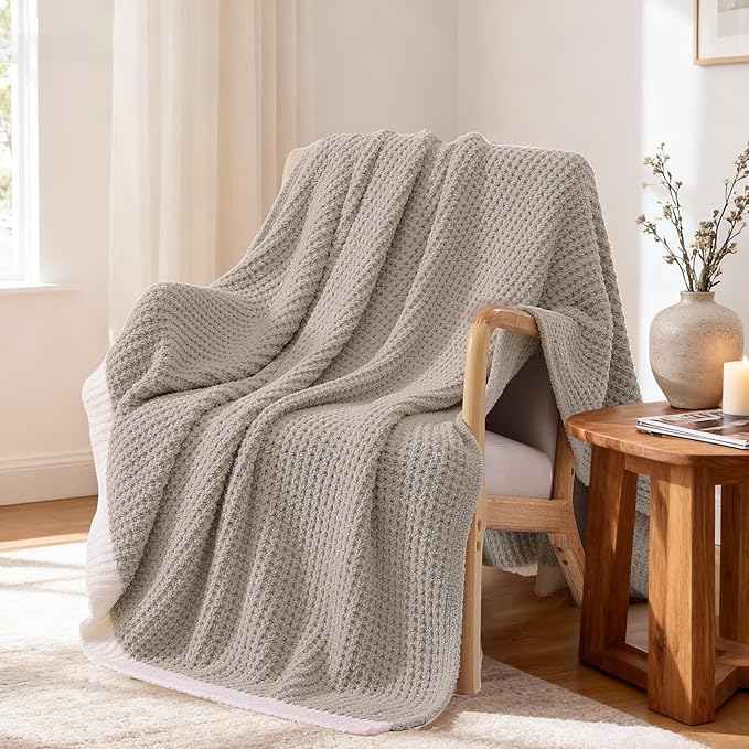 Soft Checkered Throw Blanket for Couch-Cozy Warm Knitted Blankets | Lightweight Warm Fluffy Decor for Women, Mom, Her & Girls, Sofa, Chair, Bed, 50x60in, Sand