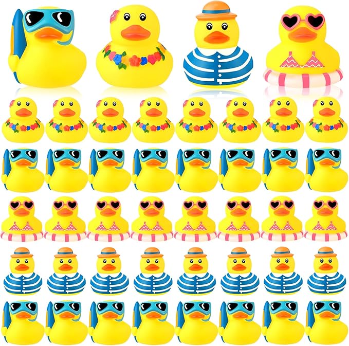 Honoson Summer Beach Rubber Duckies Bulk Mini Rubber Duck Bath Toys Float Bathtub Ducky Cute Squeaky Ducky for Classroom Carnival Summer Birthday Baby Shower Party Favor(Yellow Series,48 Pcs)