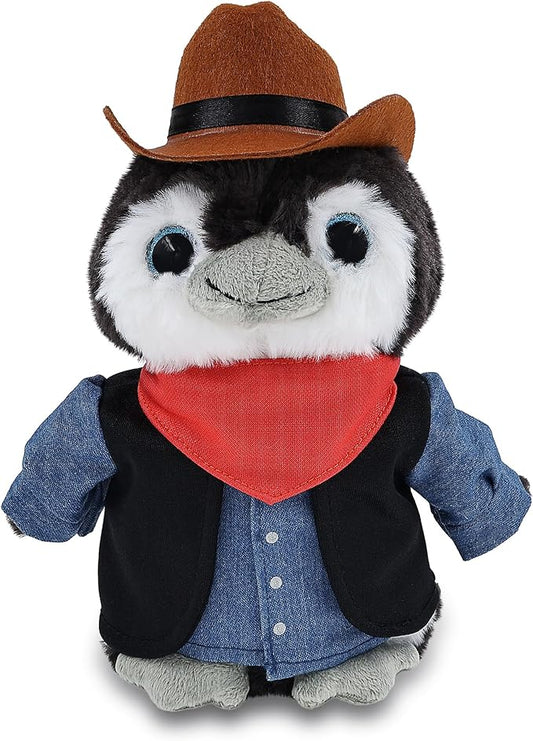 DolliBu Grey Penguin Stuffed Animal Cowboy Plush with Name Personalization - Western-Themed Penguin Plush with Cute Cowboy Costume Denim Shirt Vest, Bandana, Leather Pants, and Hat - 9 Inches