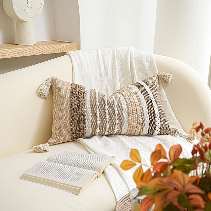 Decorative Lumbar Throw Pillow Cover 14x24 Boho Brown Accent Cushion for Couch Sofa Farmhouse Pillowcase for Bedroom Living Room Home Décor Cover ONLY