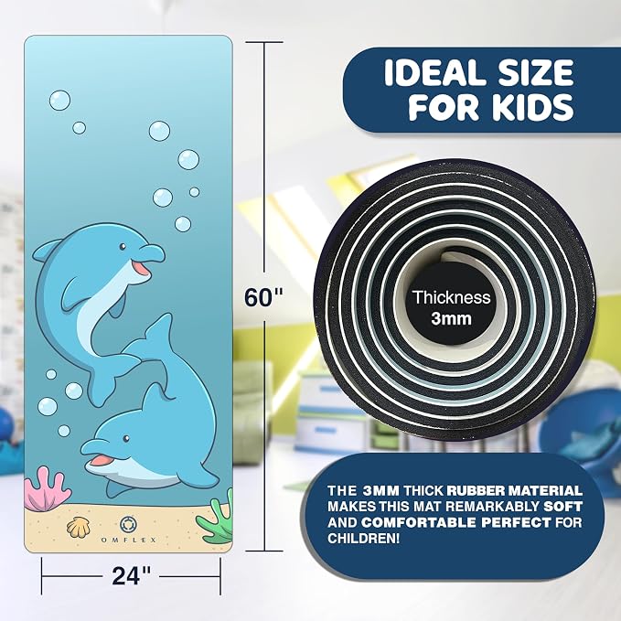 Kids Yoga Mat with Carrying Strap – 60"x24" Non-Slip Premium Exercise Mat for Kids, 3mm Thick Non-Toxic, PVC-Free Play Mat for Children, Dolphin, Car & Supergirl Designs