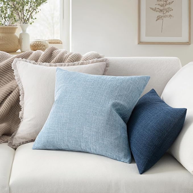 MIULEE Pack of 2 Linen Textured Pillow Covers, 18x18 Inch Light Blue | Decorative Burlap Pillowcases, Coastal Boho Farmhouse Accent Home Decor for Sofa Couch Bedroom Living Room