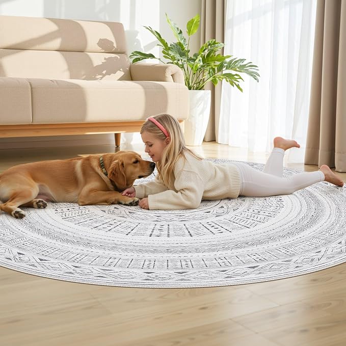 cotiled 6x6 Round Area Rugs Living Room Rug: Washable Boho Rugs with Non Slip Backing Large Soft Indoor Stain Resistant Carpet for Bedroom Farmhouse Dining Room Lightweight Home Decor Dark Grey