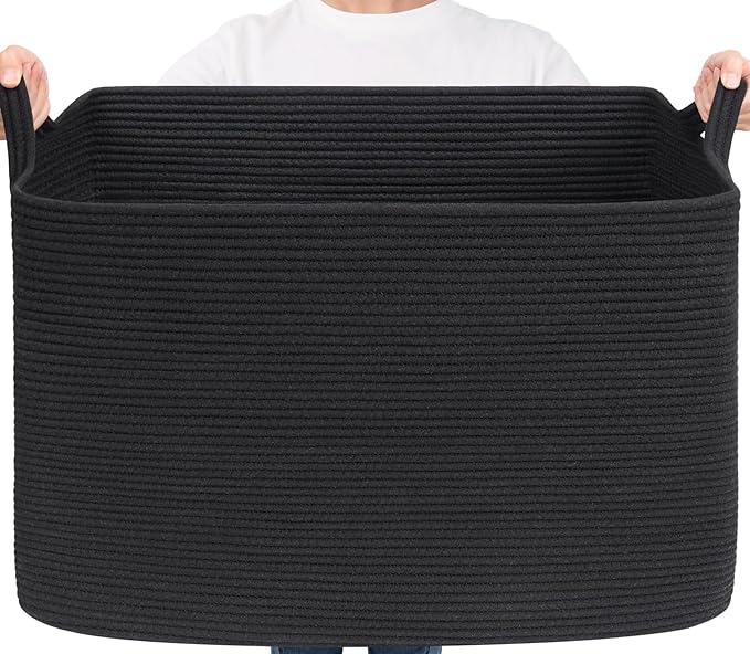 Goodpick 105L Extra Large Woven Rope Blanket Basket, Rectangle, Black | 25'' x 16'' x 16'' Storage Basket for Blankets, Pillows & Clothes, Living Room, Bedroom & Nursery Organization, Handles