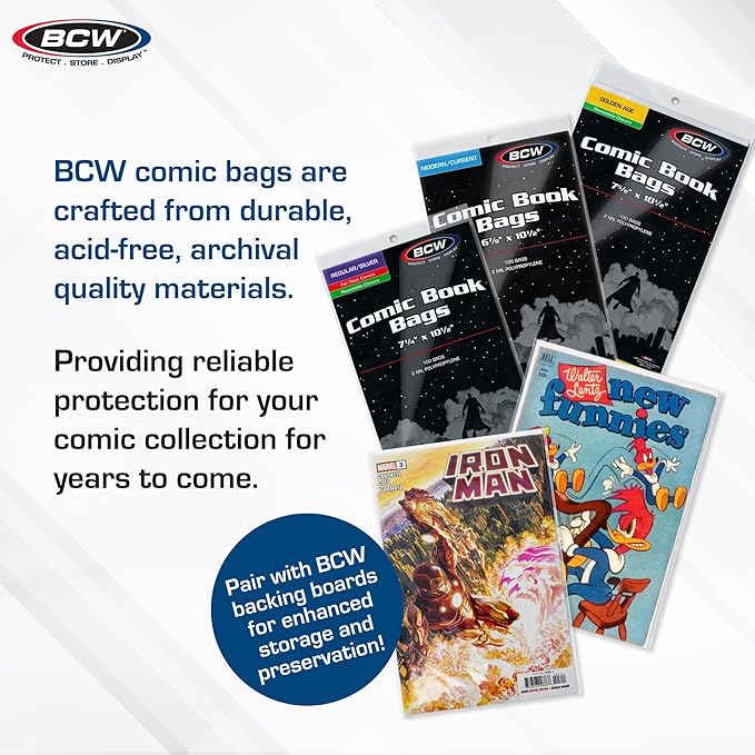 BCW Current Comic Bags (300 Pack) – Acid-Free BCW Comic Book Bags for Modern Comics | Crystal Clear Comic Book Sleeve Protection | 6 7/8 x 10 1/2