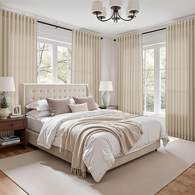 Eggshell Beige Linen Curtains 80 Inch Length for Living Room Light Filtering Semi Sheer Curtain Back Tab Rustic Farmhouse Decor Burlap Luxury Boho Drapes for Bedroom Dinner Room 52x80, 2 Panels