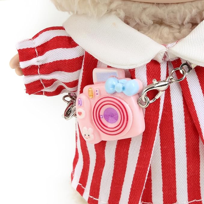 17cm Doll Clothes for Labubu - Kawaii Clown Style Set - Doll's Hat & Doll's Clothing & Doll's Shoes & Camera, Cute Doll Outfit with Accessories for Display, Collectors, Gift - Red (NO Dolls)