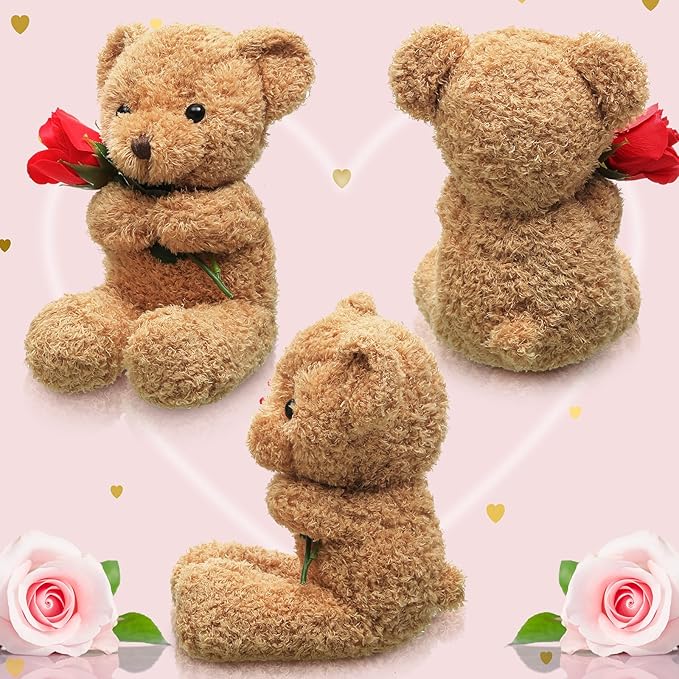 Civaner Bear Stuffed Animal Gift with Rose Funny Cute Bear Stuffed Animal Plush Gift for Mother Girlfriend Birthday Wedding, 11.8 Inches(Beige)