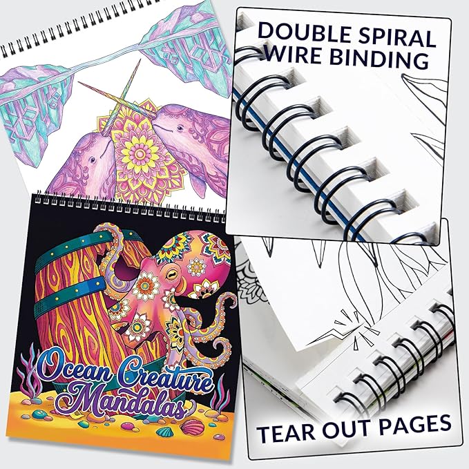 FUNLAVIE Adult Coloring Book - Ocean Animal Mandala Designs for Adults Relaxation and Teens Stress Relief, Spiral Bound Mindfulness Coloring Book for Women, Ocean Creature Mandalas and Patterns